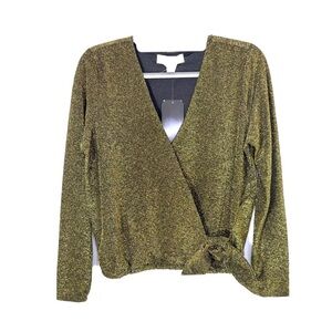 Michael Kors Blouse S Gold Metallic Black Long Sleeve Faux Wrap Knot Cropped